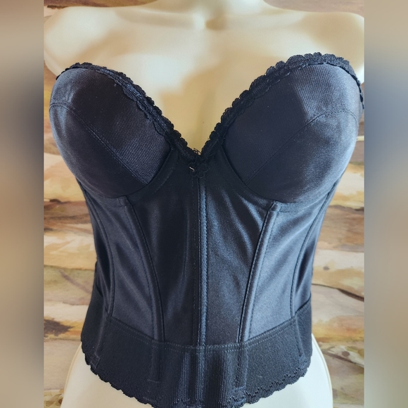 Vintage America Other - 50s BUSTIER Black Strapless Busty Plunge Lace Boned Union Tag Intimate Corset EV